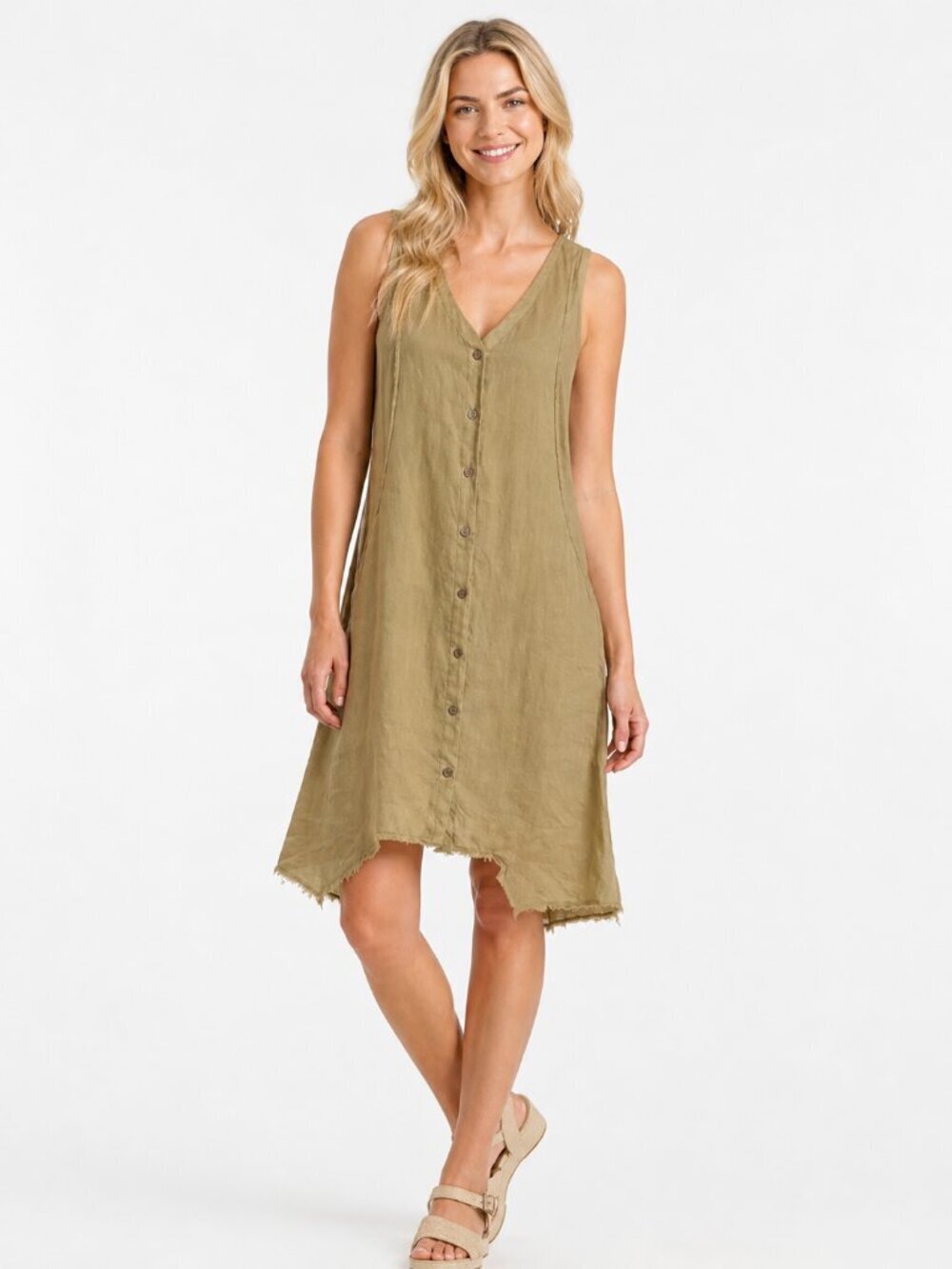 Linen Dress Gold Tan Lagenlook Pockets Beach Summer Small